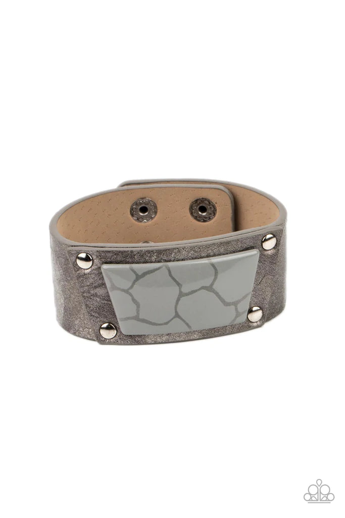 Paparazzi Accessories-Geo Glamper - Silver Gray Leather Wrap Bracelet